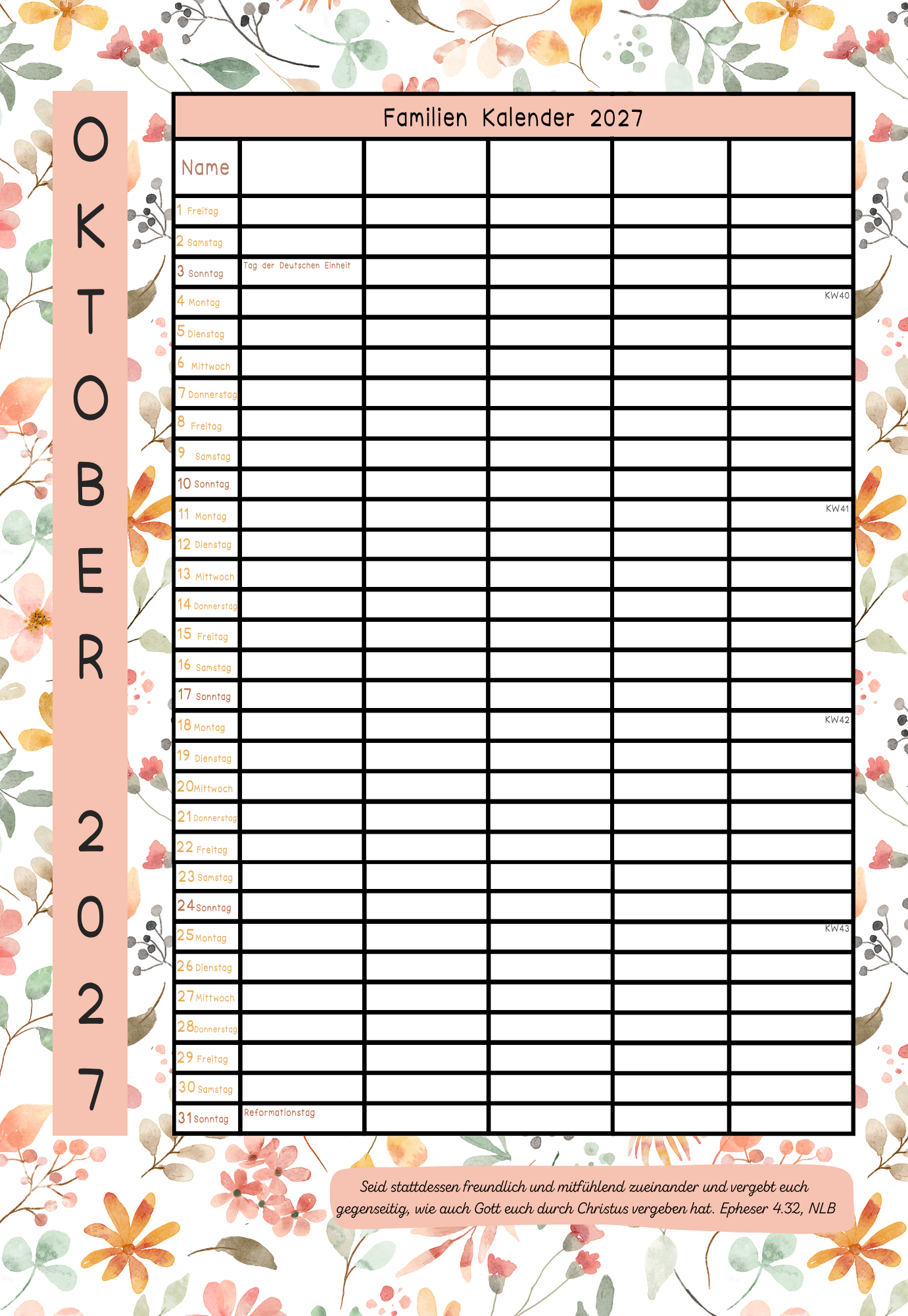 Wand Familien Kalender 2027 - für 5 Leute