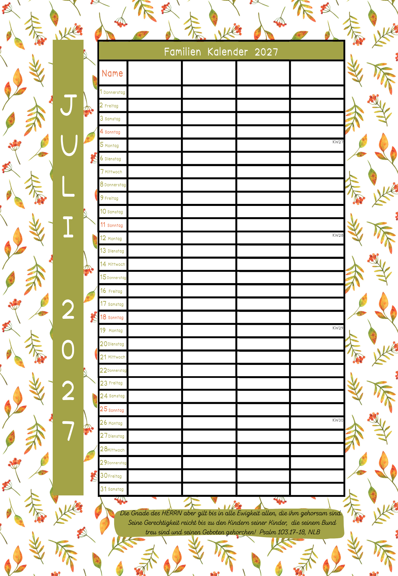 Familien Kalender 2027 - 4 Leute