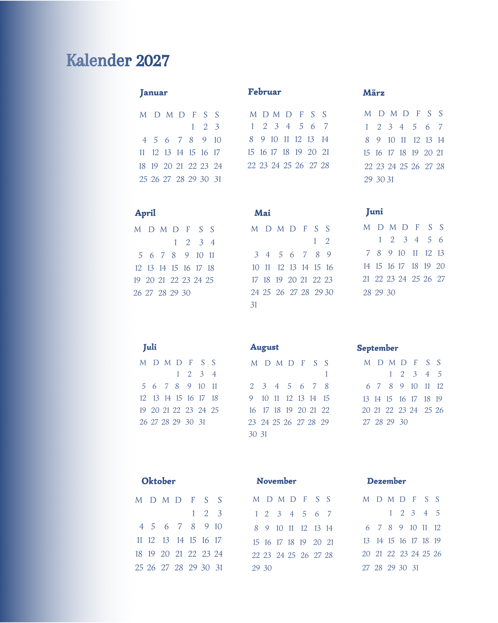 Terminkalender für Männer 2027