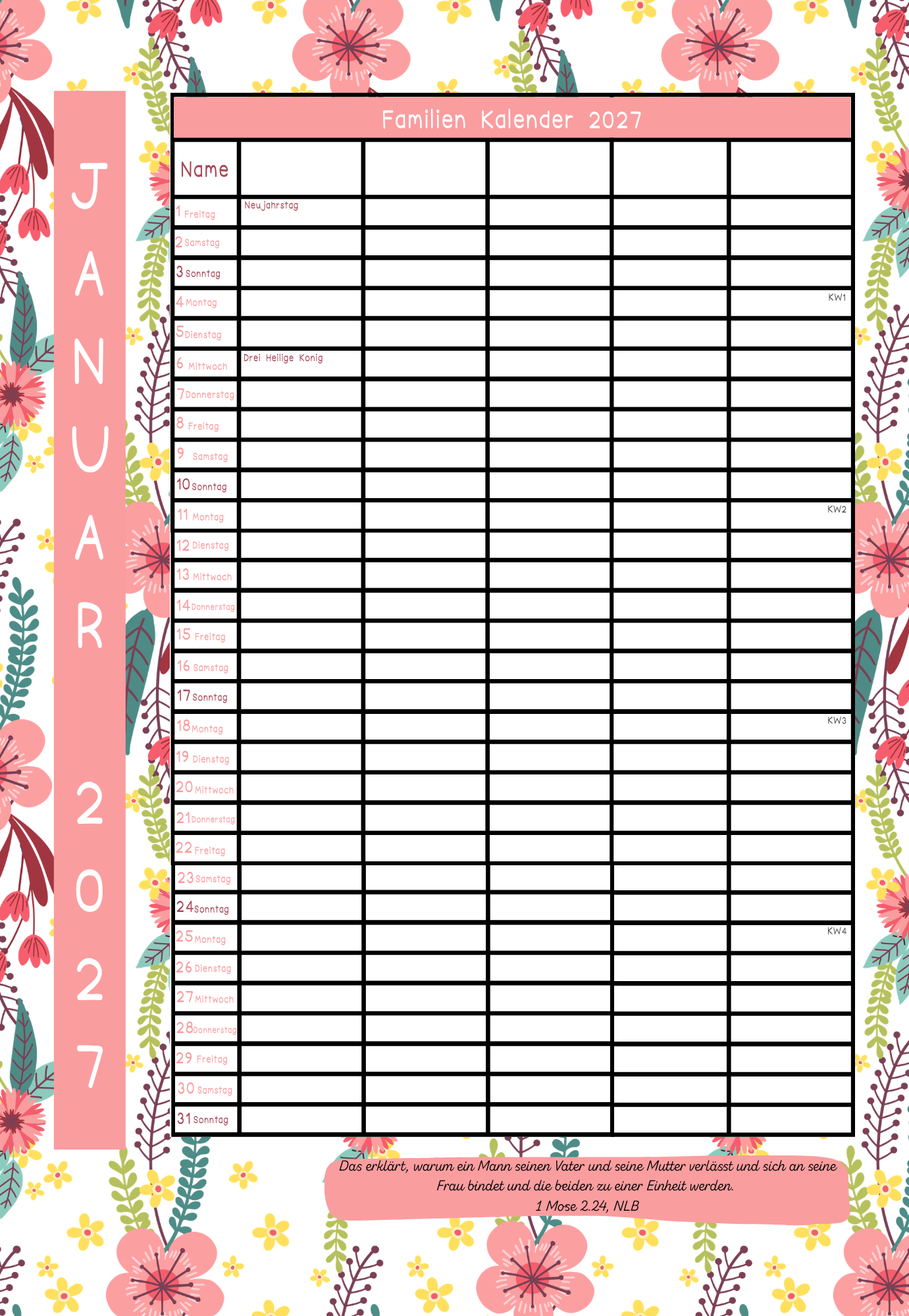 Wand Familien Kalender 2027 - für 5 Leute