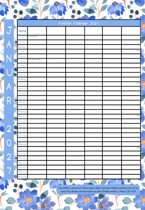 Familien Kalendar 2027 - 6 Leute