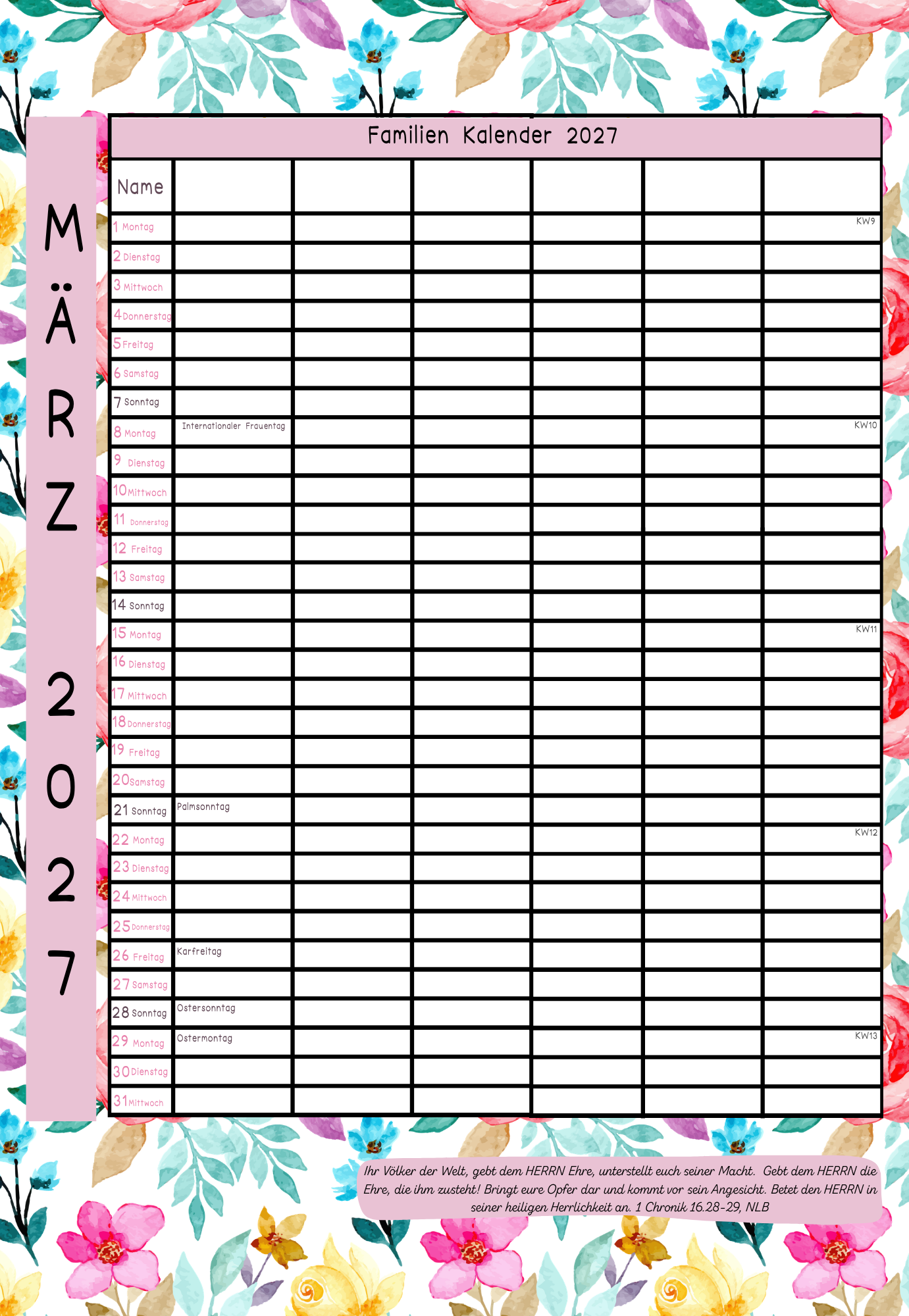 Familien Kalendar 2027 - 6 Leute