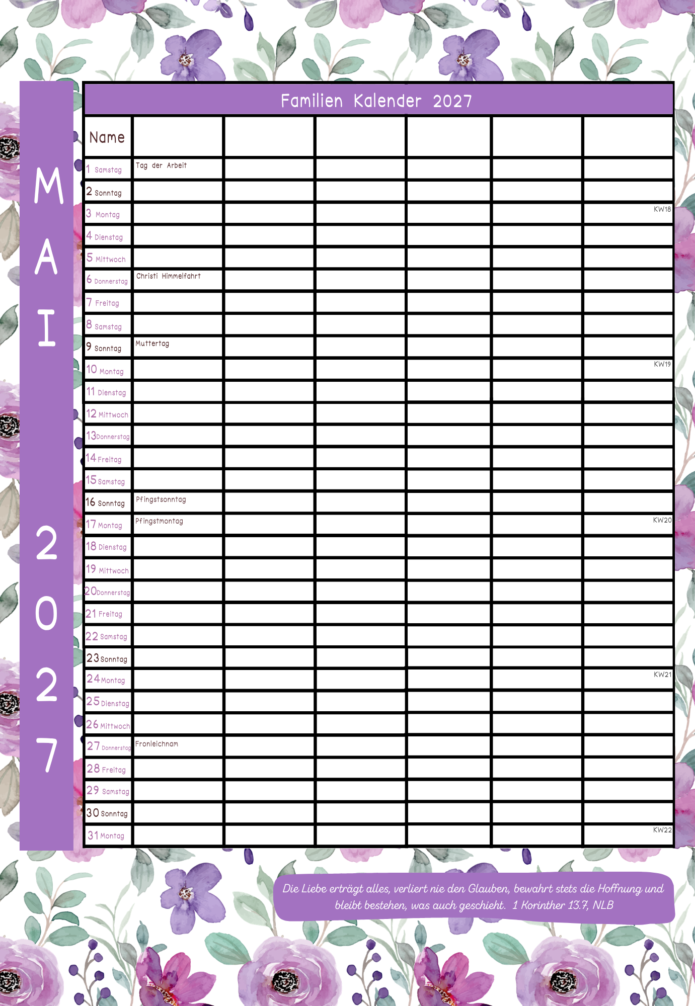 Familien Kalendar 2027 - 6 Leute