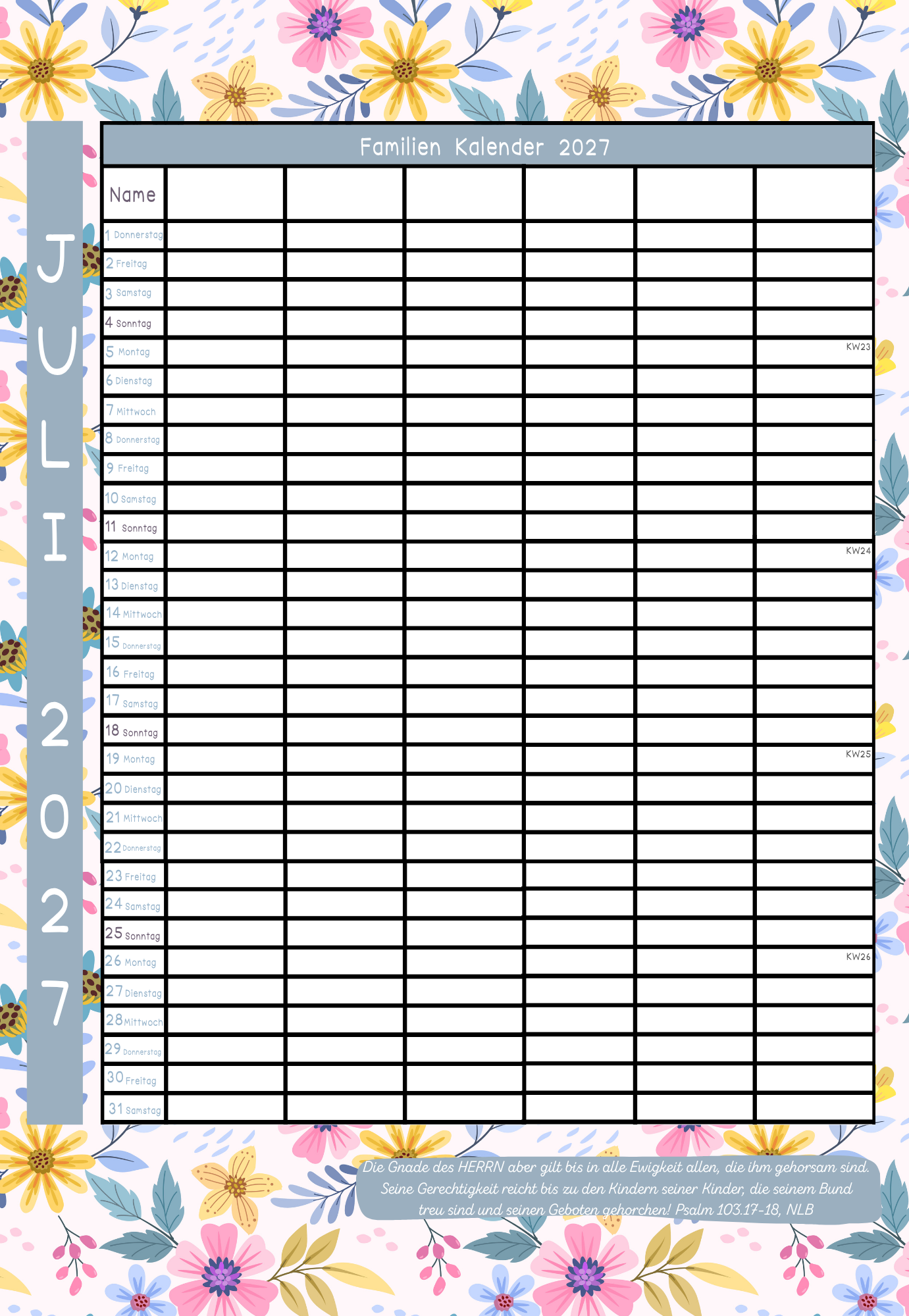 Familien Kalendar 2027 - 6 Leute