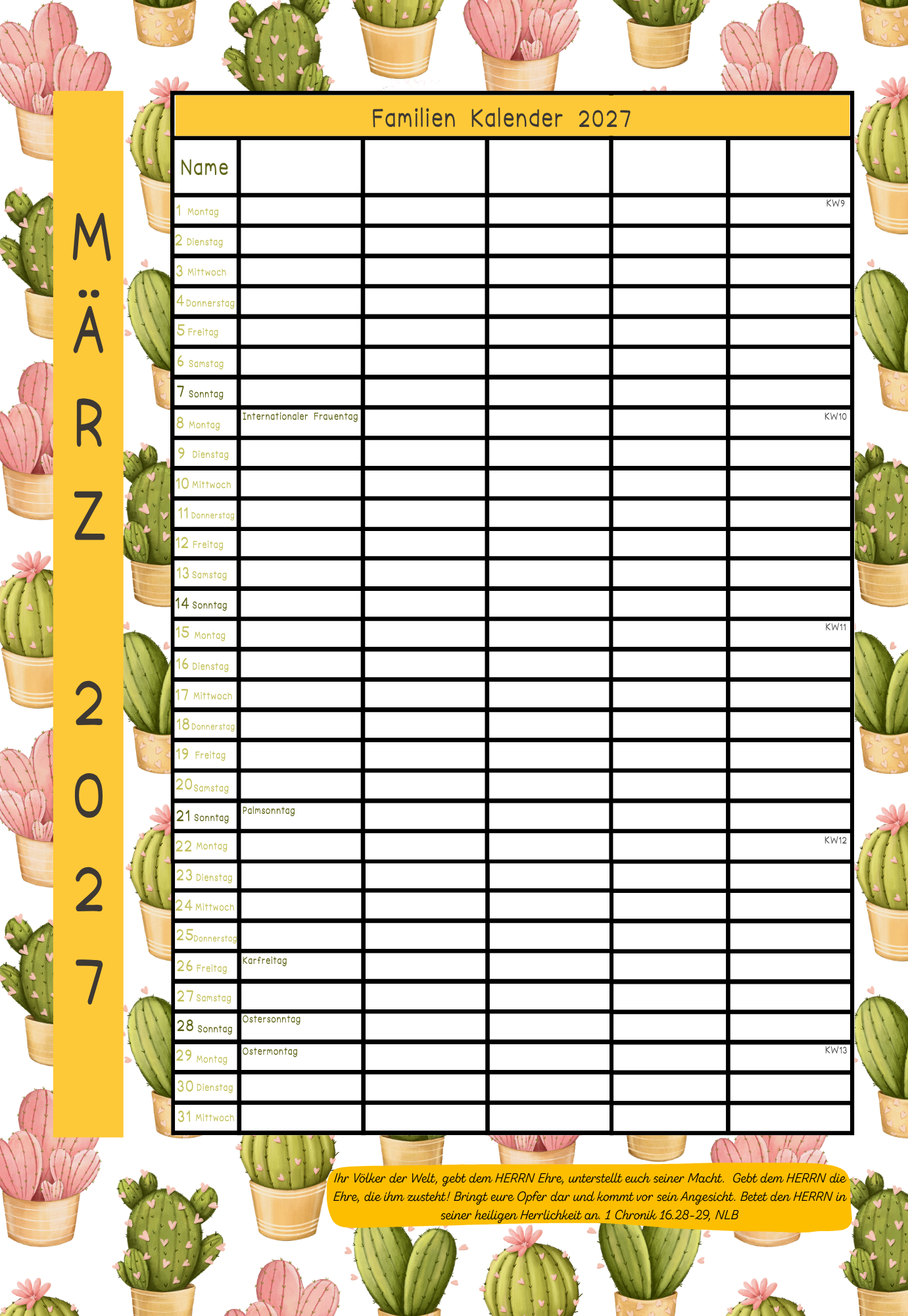 Wand Familien Kalender 2027 - für 5 Leute