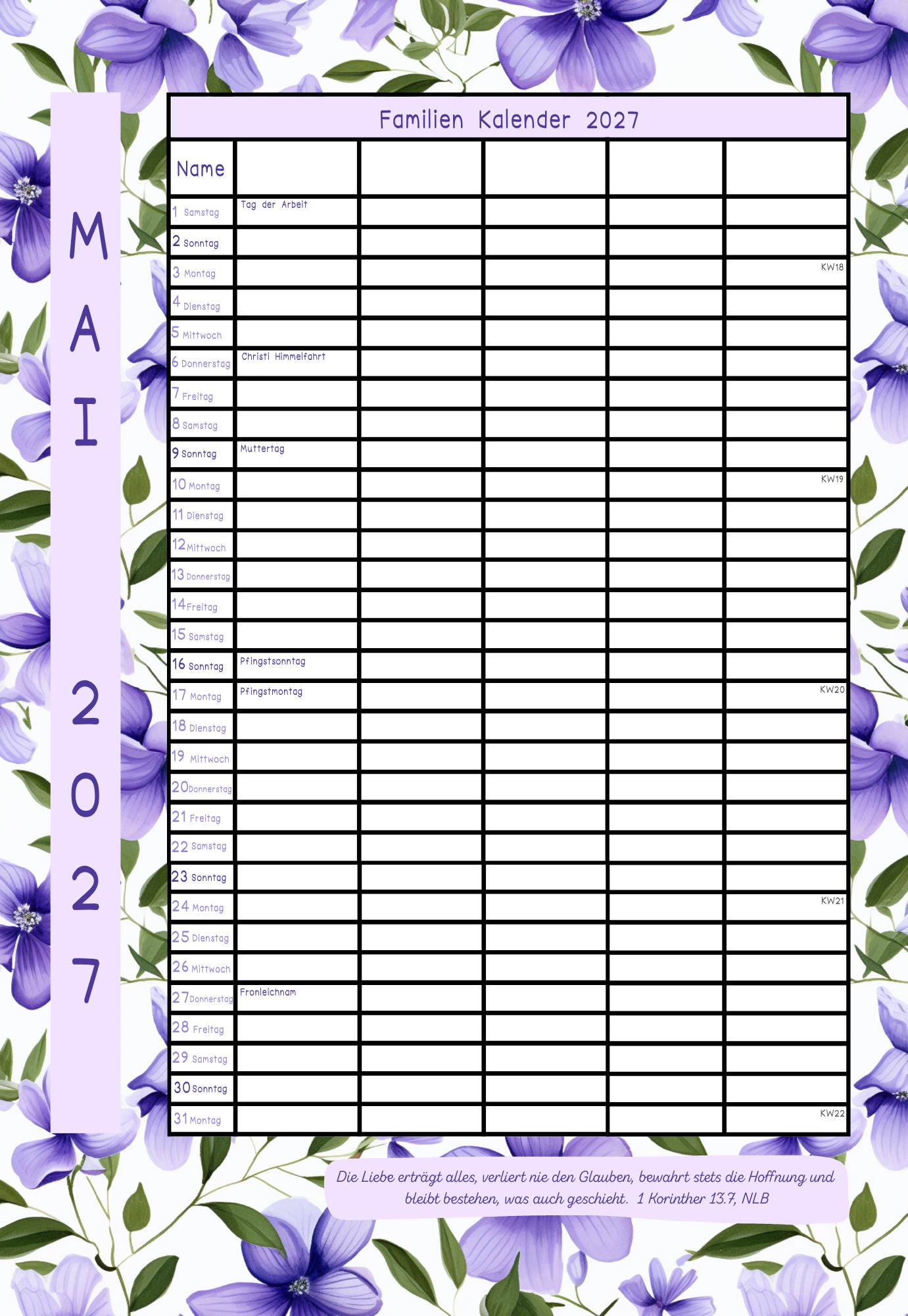 Wand Familien Kalender 2027 - für 5 Leute