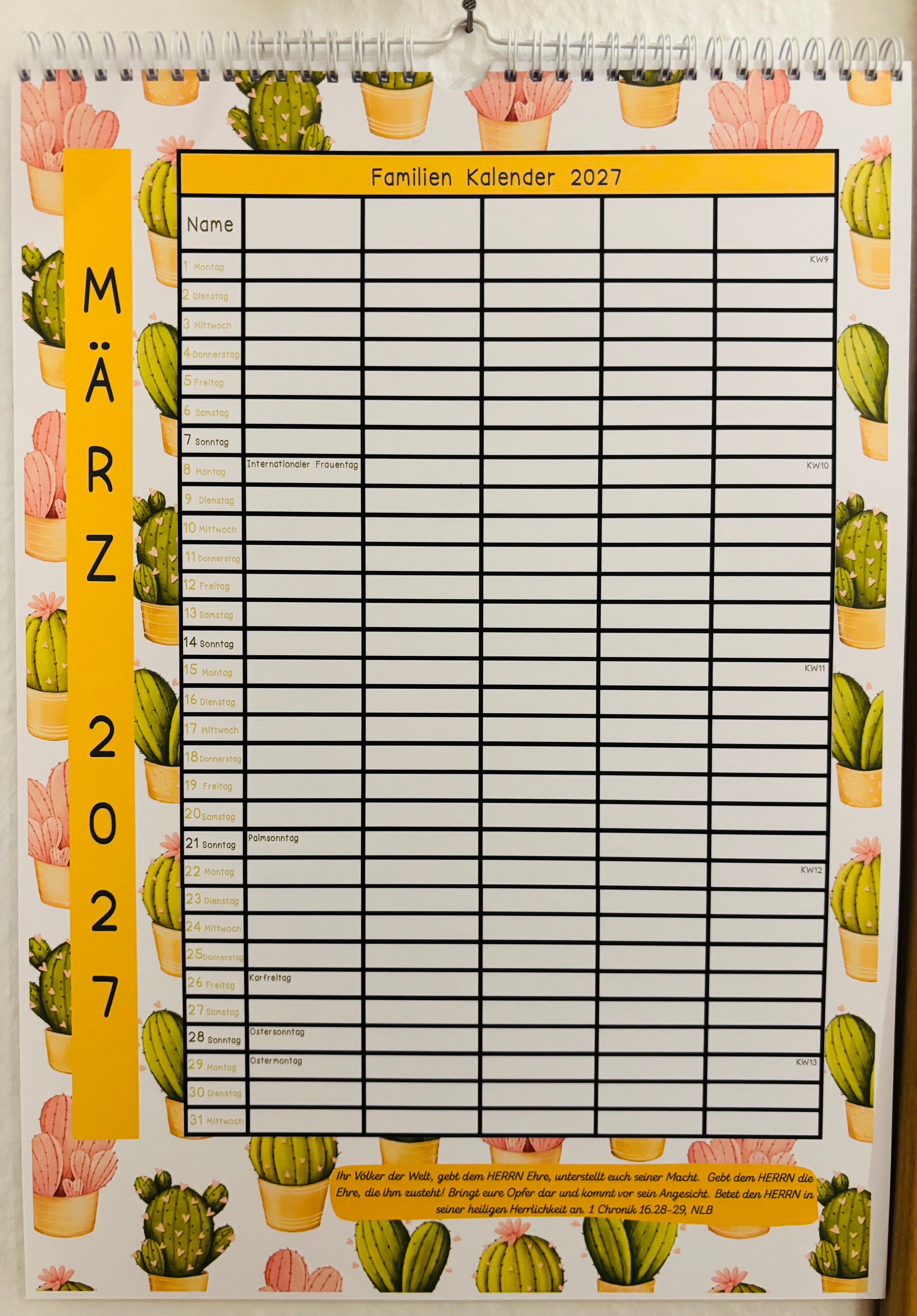 Wand Familien Kalender 2027 - für 5 Leute