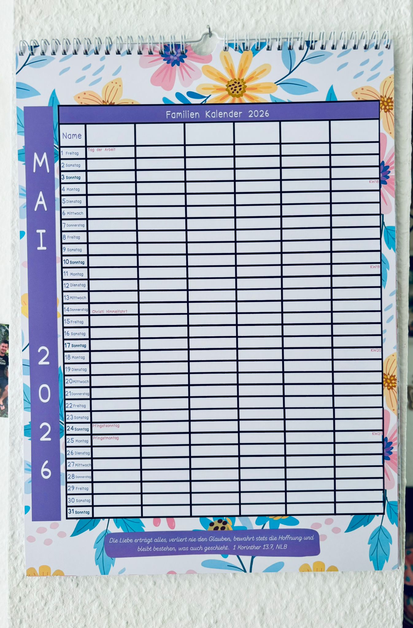 Wand Familien Kalender 2026 - 6 Leute