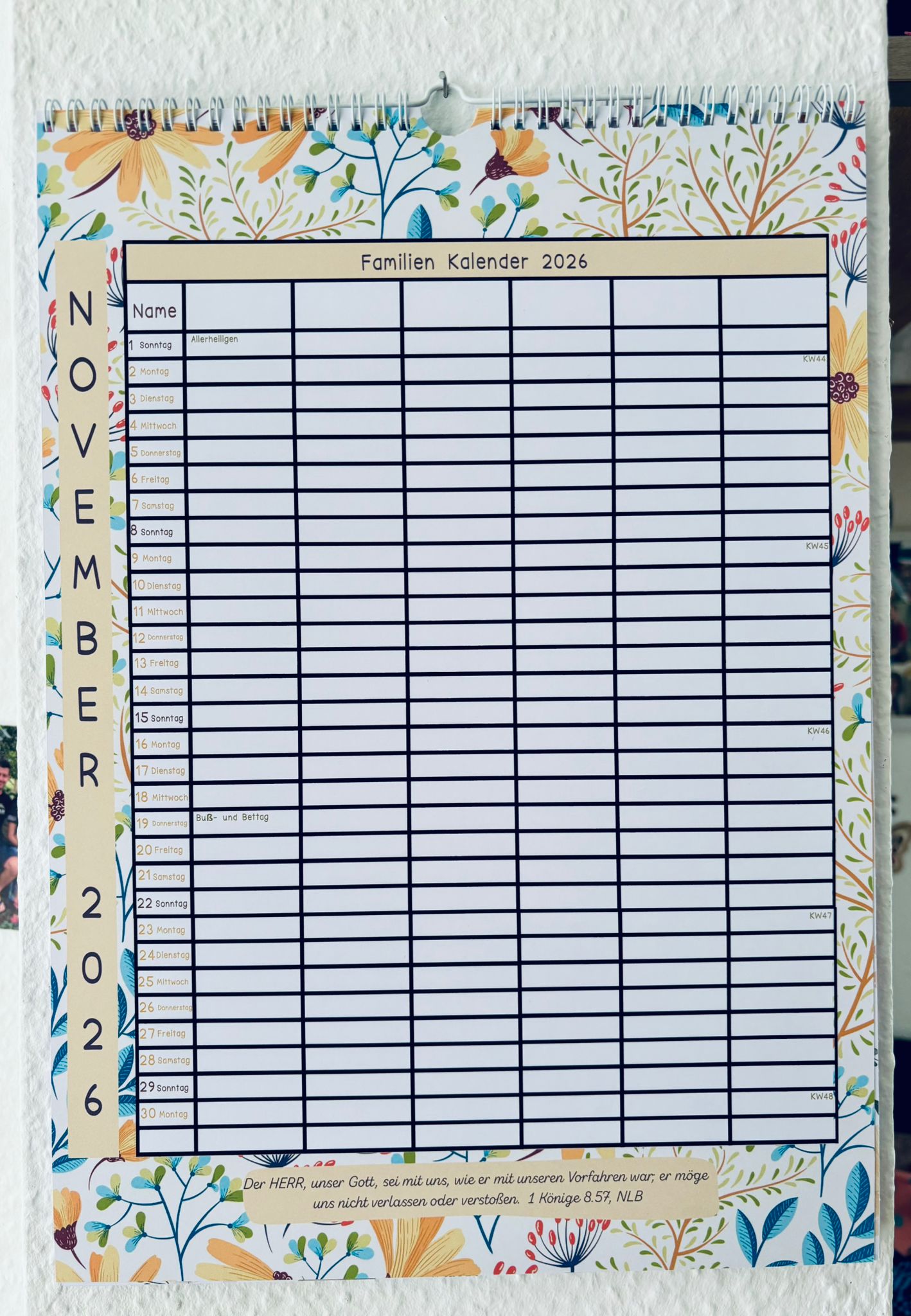 Wand Familien Kalender 2026 - 6 Leute