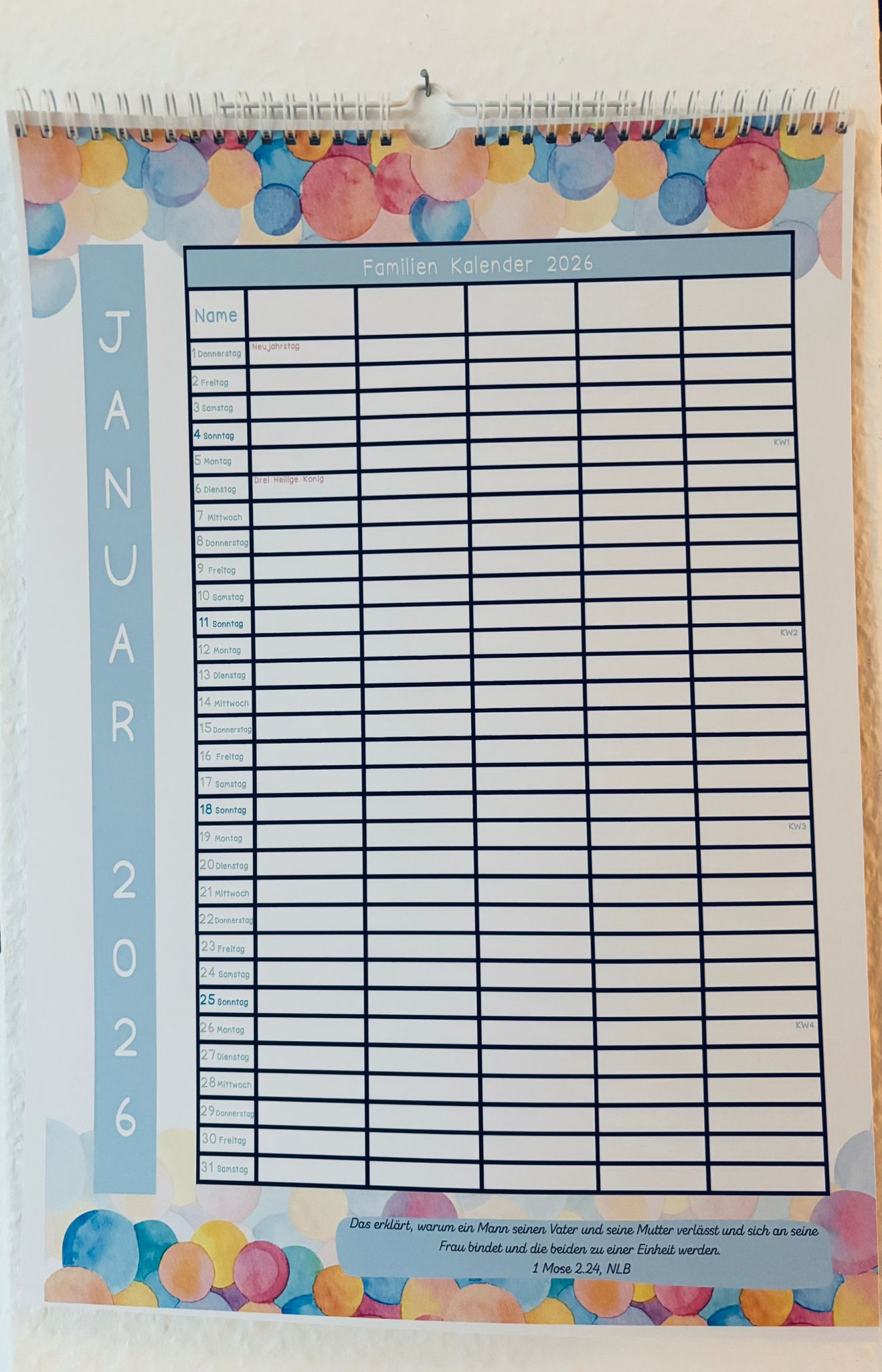 Wand Familien Kalender 2026 - 5 Leute