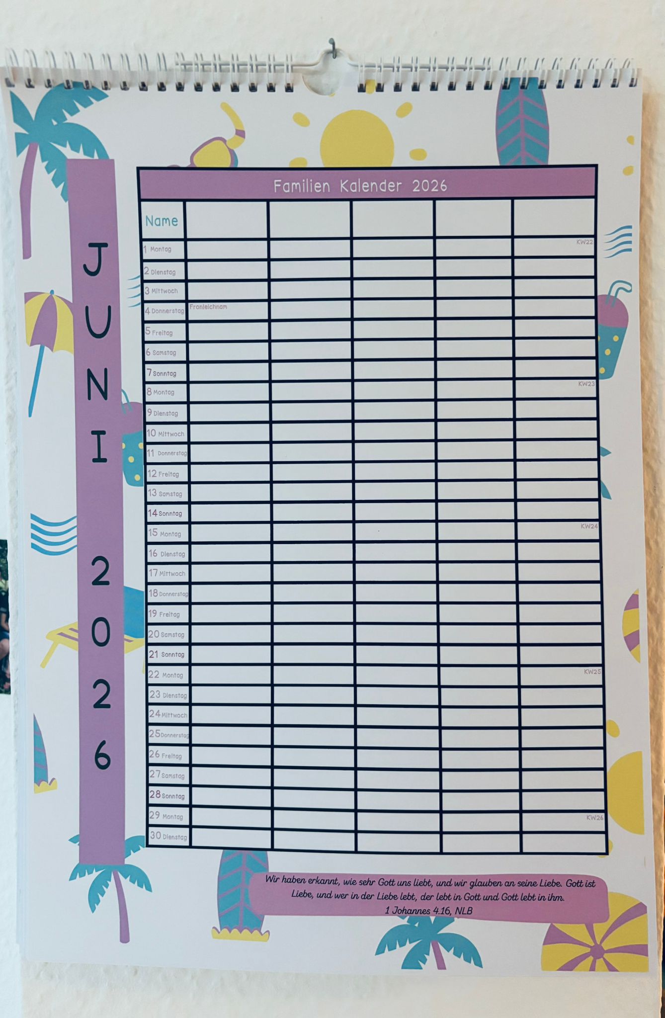 Wand Familien Kalender 2026 - 5 Leute